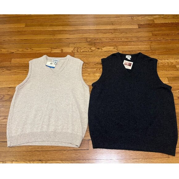 LL Bean Men's Wool Sweater Vest Size Large Reg Gray & Beige Lot of 2- NEW W/Tags